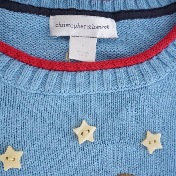 Vintage C&B Blue Teddy Bear Knit Sweater Star Appliqué Americana Cabincore XL - Picture 9 of 9